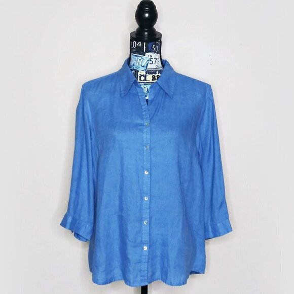 EDWARD 100% Irish Linen Button Up Shirt 3/4 Sleeves Collared Button Front Blue L - Picture 2 of 11